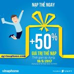 Vinaphone khuyến mãi ngày 19/5/2017 cộng 50% giá trị thẻ nạp