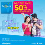 Vinaphone khuyến mãi ngày 23/6/2017 cộng 50% giá trị thẻ nạp cho thuê bao hòa mạng mới