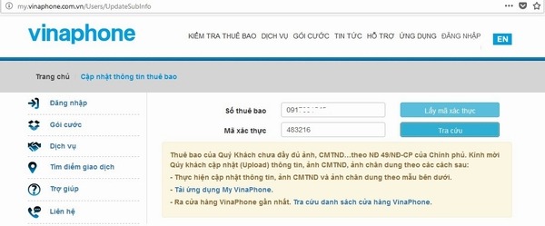 Cách Cập nhật thông tin thuê bao Vinaphone online