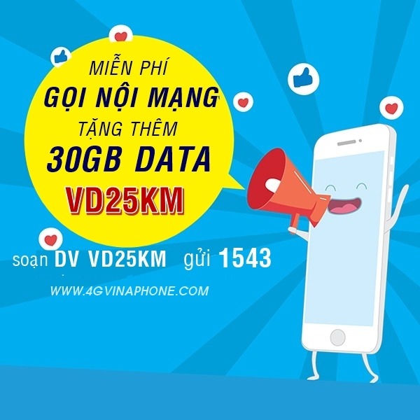 Đăng ký gói VD25KM Vinaphone nhận 30GB Data