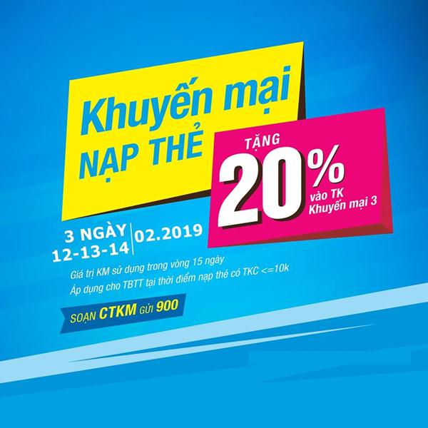 Vinaphone khuyến mãi ngày 12/2, 13/2. 14/2/2019 tặng 20% thẻ nạp toàn quốc