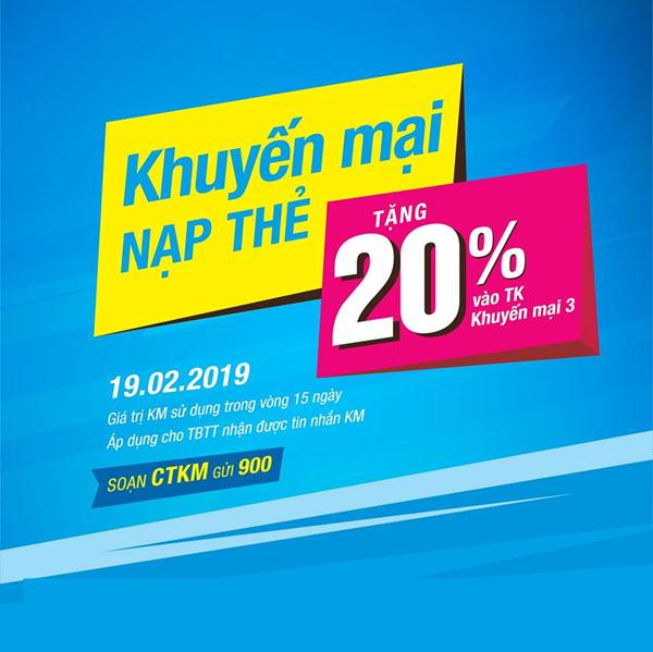 Vinaphone khuyến mãi ngày 19/2/2019 tặng 20% thẻ nạp