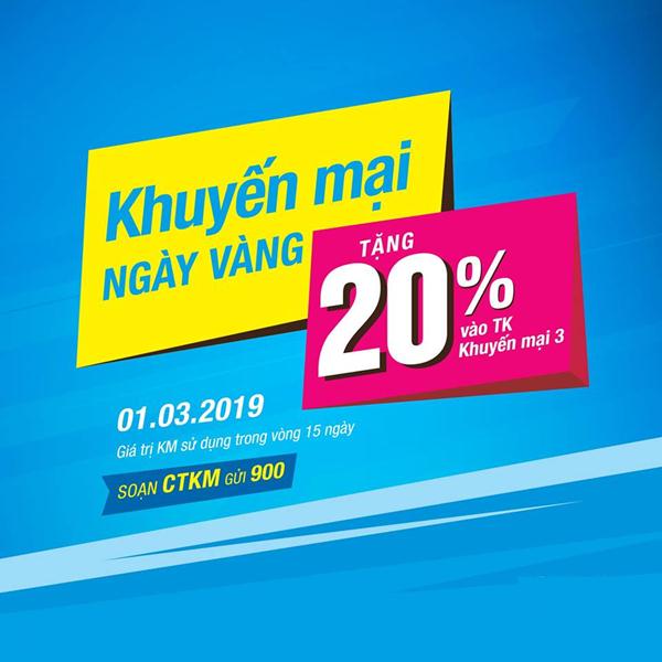 Vinaphone khuyến mãi ngày vàng 1/3/2019 tặng 20% thẻ nạp toàn quốc