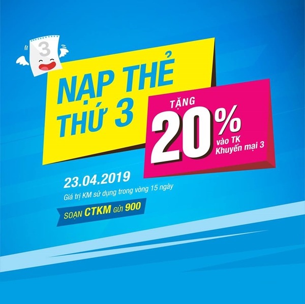 Vinaphone khuyến mãi ngày 23/4/2019 tặng 20% thẻ nạp