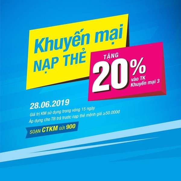 Vinaphone khuyến mãi ngày 28/6/2019 tặng 20% thẻ nạp