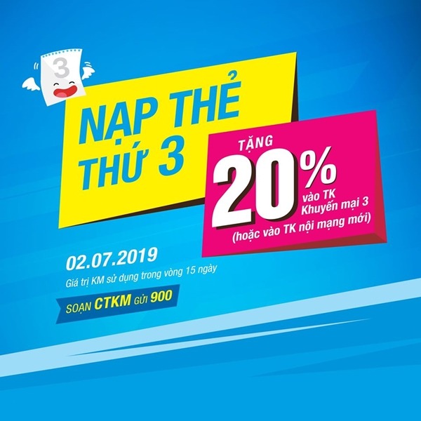 Vinaphone khuyến mãi ngày 2/7/2019 tặng 20% thẻ nạp