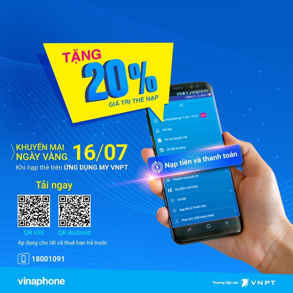 Vinaphone khuyến mãi ngày 16/7/2019 tặng 20% thẻ nạp