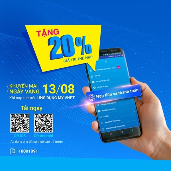 Vinaphone khuyến mãi ngày 13/8/2019 tặng 20% thẻ nạp