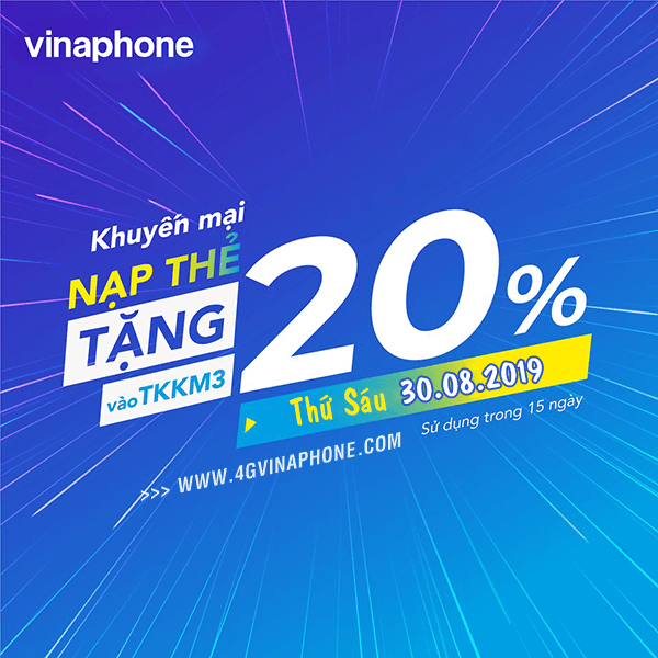 Vinaphone khuyến mãi ngày 30/8/2019 tặng 20% thẻ nạp 