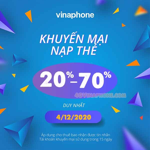 Vinaphone khuyến mãi ngày 4/12/2020 ưu đãi 20%, 70% cho TB may mắn