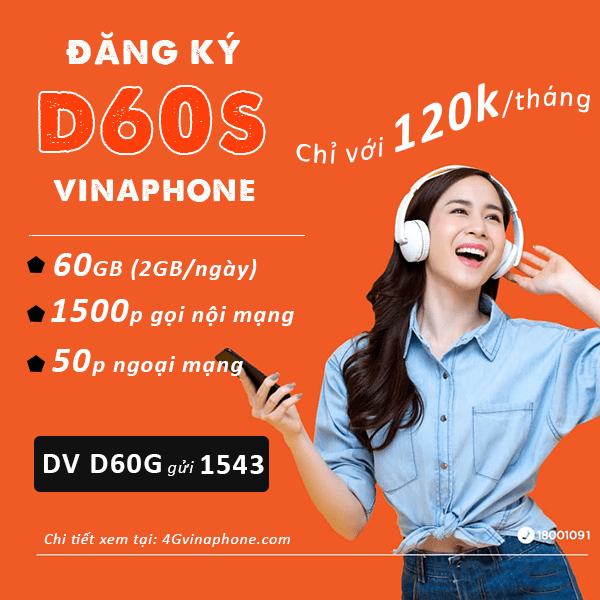 Đăng ký gói cước D60S Vinaphone miễn phí 60GB data, 1550 phút gọi Free 