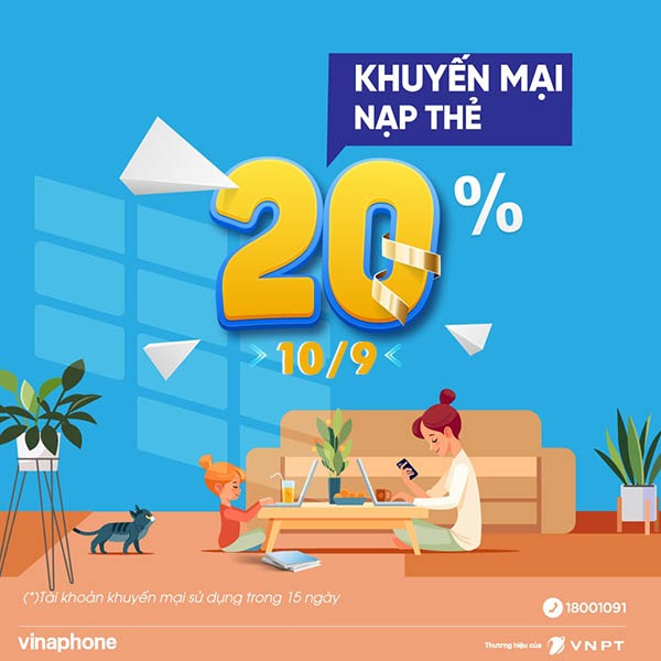 Vinaphone khuyến mãi ngày 10/9/2021 ưu đãi 20% giá trị tiền nạp bất kỳ