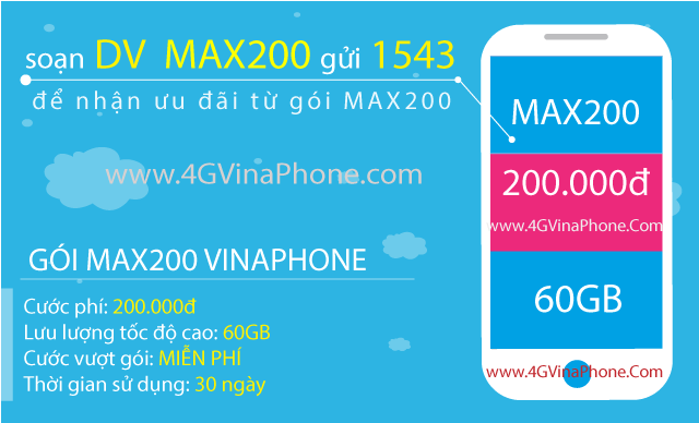 Cách đăng ký gói MAX200 Vinaphone có 60GB data 4GVinaPhone.com