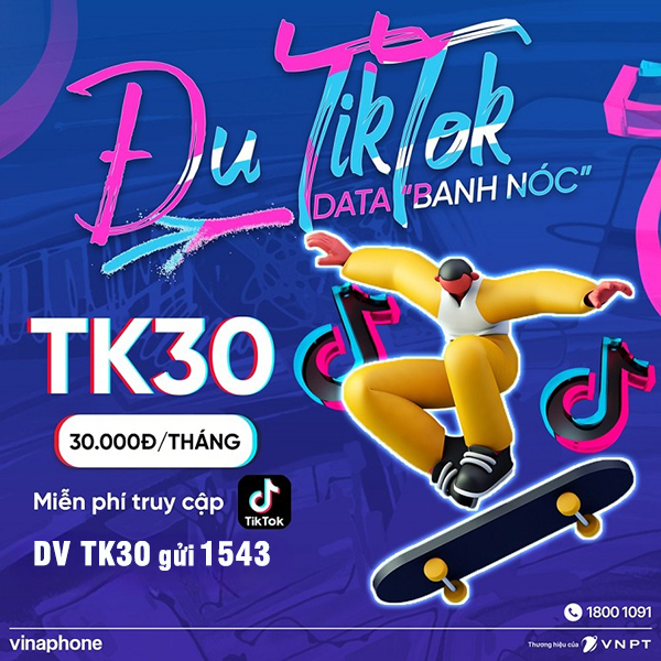 Đăng ký gói cước TK30 Vinaphone miễn phí data truy cập Tiktok 30 ngày 