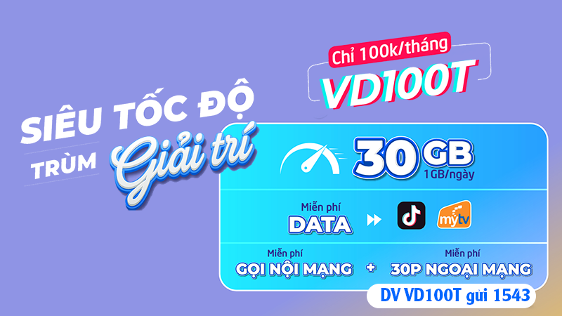 Đăng ký gói cước VD100T Vinaphone 100K có 30GB data và gọi cả tháng 