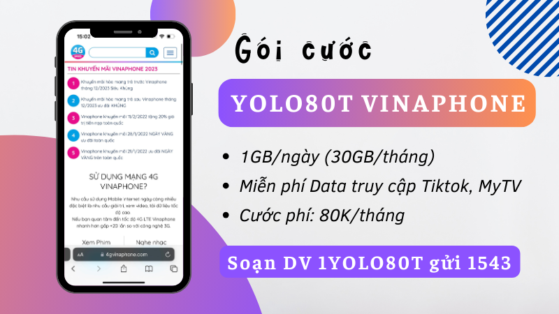 Đăng ký gói cước YOLO80T Vinaphone có 30GB, truy cập Tiktok/MY TV thả ga 