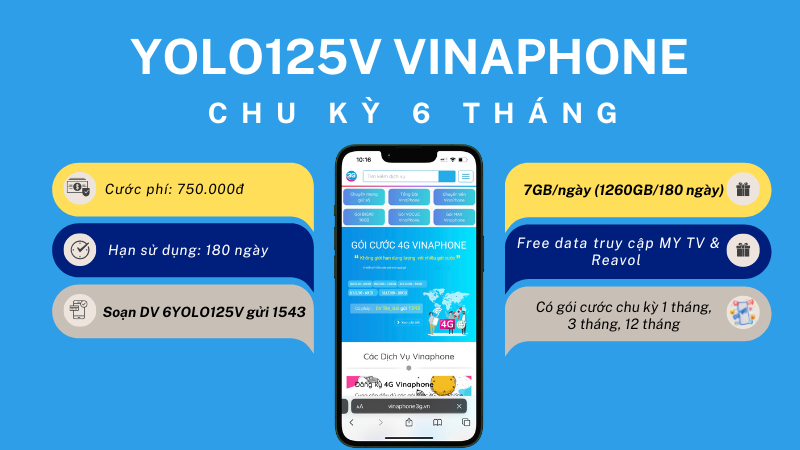 Đăng ký gói cước 6YOLO125V Vinaphone có 1260GB dùng 6 tháng 