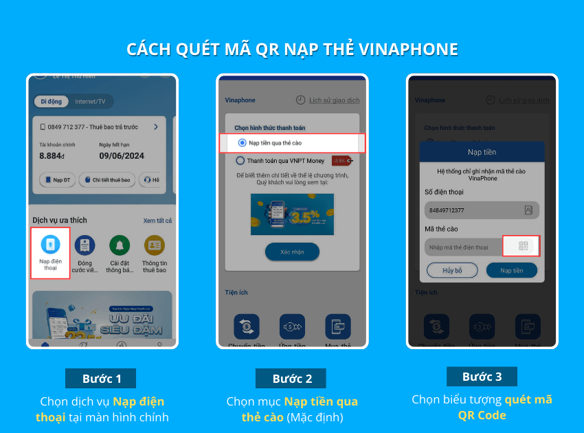 Quét mã QR nạp tiền Vinaphone